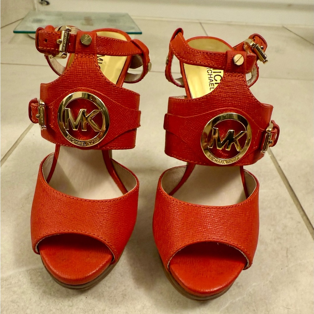 Michael Kors Orange Open-Toe Sandals with Gold Logo